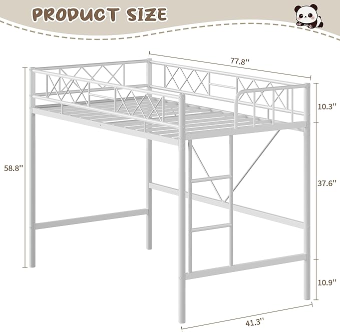 Garvee Loft Bed Twin Size for Teens & Adults, Metal Loft Frame with Safety Guardrail & Flat Ladder Rung, Heavy Duty Steel Slats, Space Saving Design, No Box Spring, White