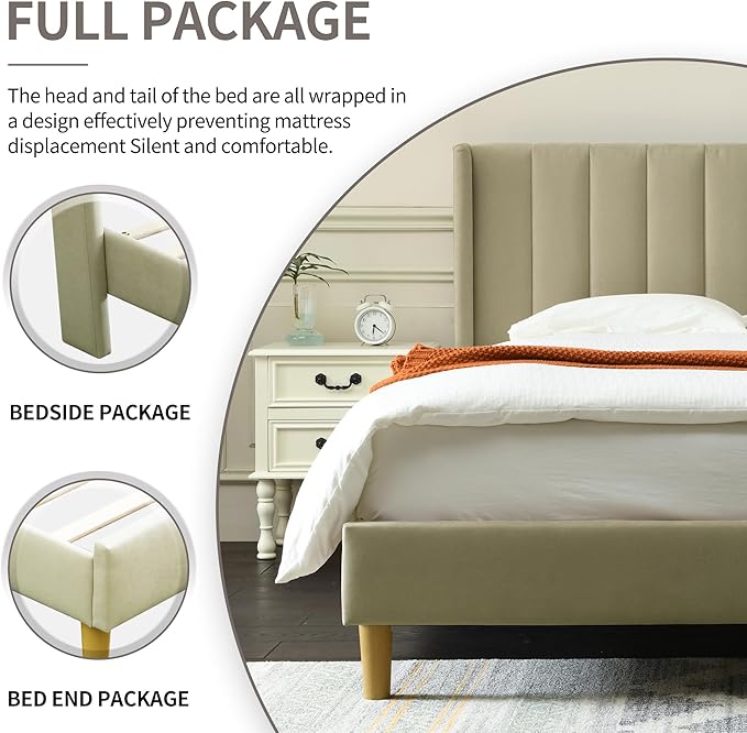 YUHUASHI upholstered Platform Bed Frame/Full Bed Frame/Modern Geometric Double-Wing Design headboard/Linen Fabric/Easy to Assemble no Noise (Beige, Full)