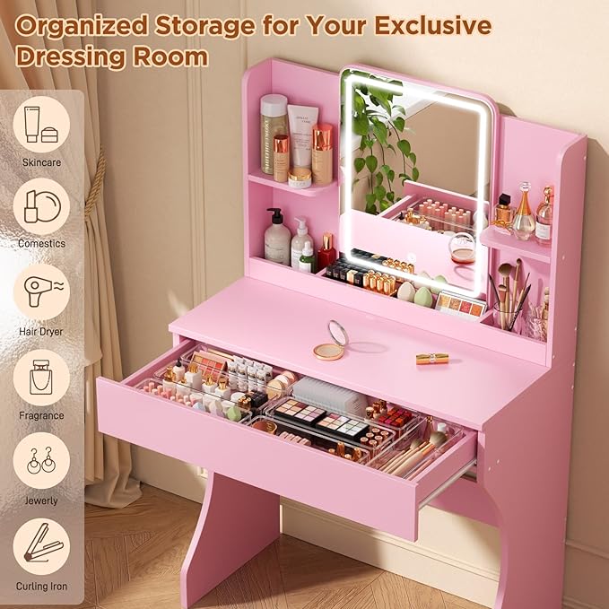 Small Vanity Desk with Mirror and Lights, Makeup Vanity with Storage Drawer, 2 Shelves and 3 Compartments - Pink