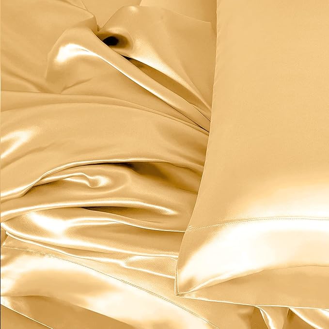 Homiest 4pcs Satin Sheets Set Luxury Silky Satin Bedding Set with Deep Pocket, 1 Fitted Sheet + 1 Flat Sheet + 2 Pillowcases (Full Size, Gold)