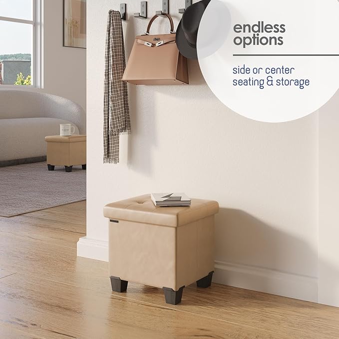Storage Ottoman Cube with Small Bin, 15-in Square Ottoman with Storage for Living Room and Bedroom, Small Ottomans Foot Rest, Leather Foot Stools Ottomans Max 330lbs, Taupe