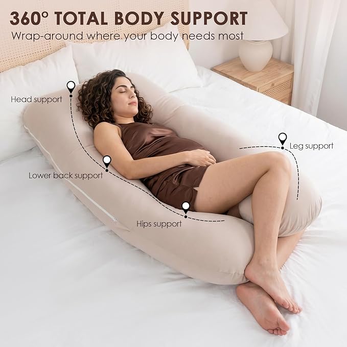 QUEEN ROSE U Shaped Pregnancy Pillow, Breathable Cotton Full Body Support for Maternity, Ivory