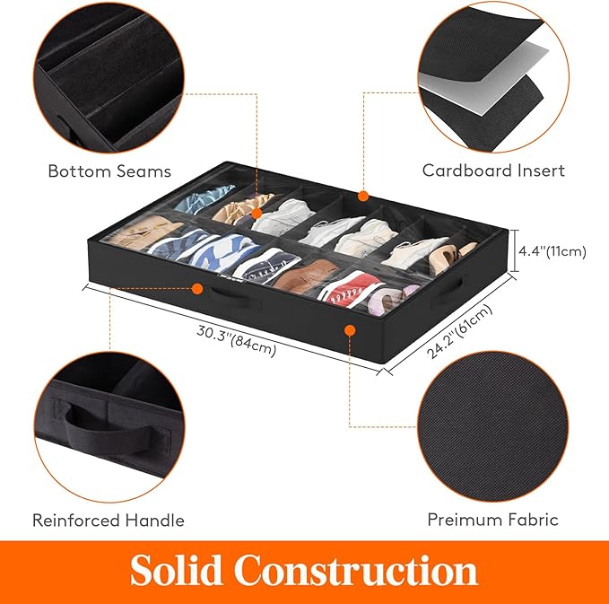 Lifewit Under Bed Shoe Storage Organizer 1 Pack(14 Shoes Cells+4 Boots Cells), 4.3 Inches Profile Fabric Shoes Container Box with Clear Cover, Foldable Storage Bag with 2 Handles, Fits 11 to 18 Pairs