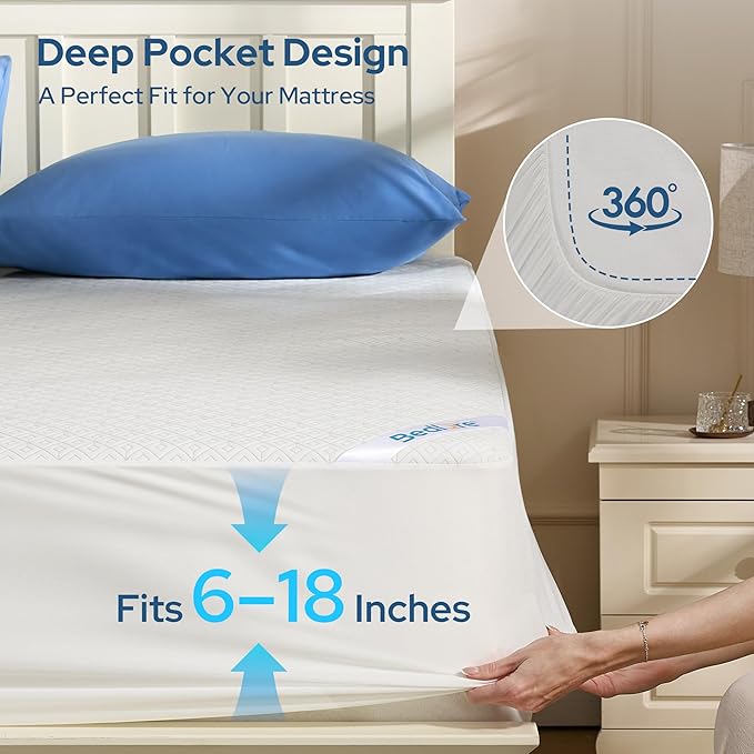 BEDLORE Queen Mattress Protector, Waterproof Noiseless Mattress Cover with Deep Pocket for 6-18 inches Mattress, Soft Breathable Mattress Pad Machine Washable (White)