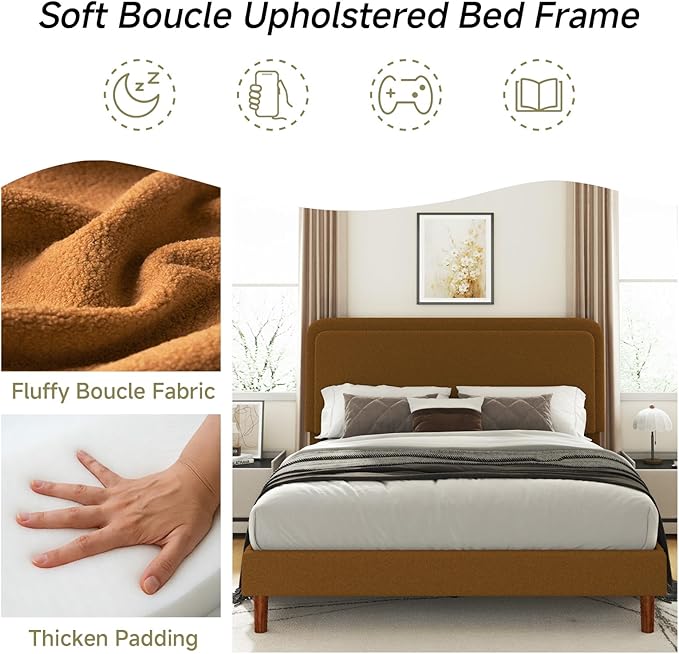 Full Size Boucle Upholstered Bed Frame with Adjustable Headboard, Cloud Platform Bed, Solid Wooden Legs, No Box Spring Needed, Easy Assembly, Brown