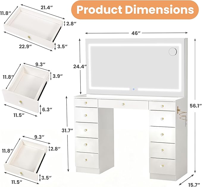 Pamapic Glass Top Vanity Desk with Crystal Handles and 11 Drawers, Makeup Vanity with Mirror and Lights, 3 Lighting Modes Dressing Table, Power Outlet, Silent Slides, White