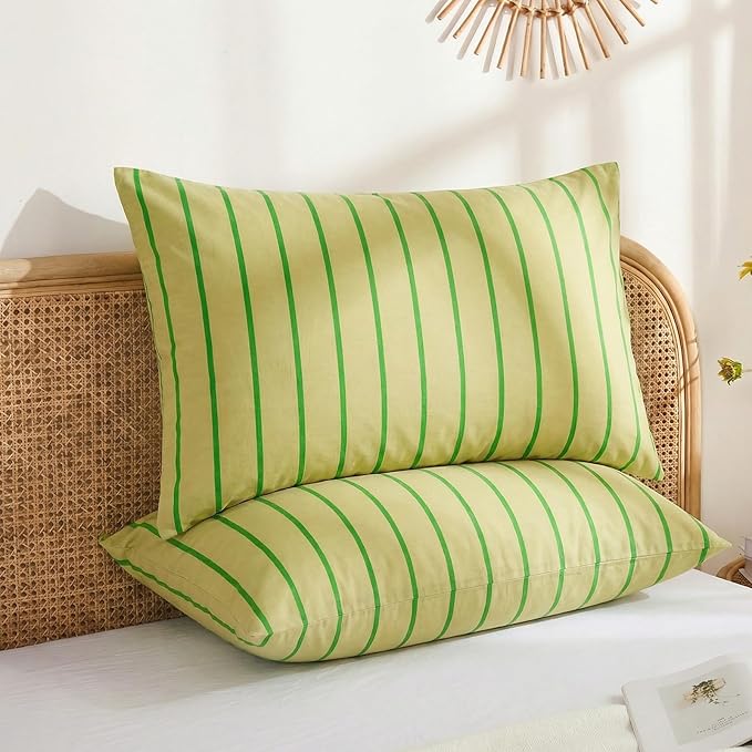 Merryword 100% Cotton Pillow Cases, Queen Size Pillowcases, Khaki & Green Striped Pillowcases,Luxury Linen Like Pillowcase, Soft Breathable Track Stripes Pillow Covers, Set of 2