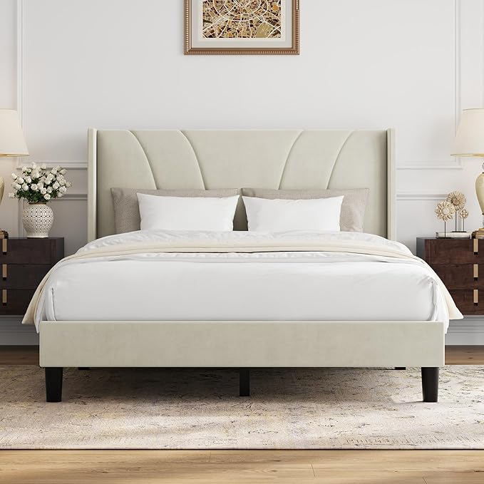 Novilla Bed Frame Queen Size, Queen Bed Frame with Headboard, Velvet Upholstered Wing Side Headboard, No Box Spring Needed, Heavy Duty Feet, Easy Assembly, White Velvet