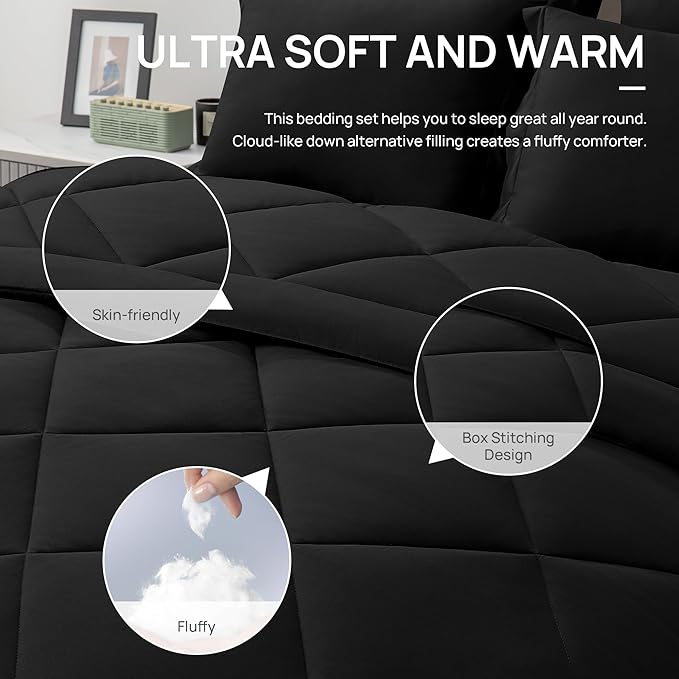 Love's cabin California King Comforter Set Black, 7 Pieces California King Bed in a Bag, All Season Bedding Sets with 1 Comforter, 1 Flat Sheet, 1 Fitted Sheet, 2 Pillowcase and 2 Pillow Sham | Soft, Breathable, Lightweight, Comfortable