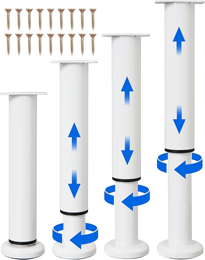 4 PCS Adjustable Height Bed Support Legs [with 18PCS Screws] for Bed Frame/Bed Center Slat, Heavy Duty Furniture Replacement Legs 7.08-12.2 inch for Sofa/Cabinet/Couch/Dresser/Table (White)