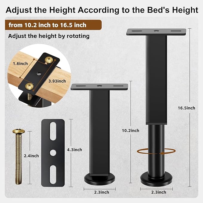 Bed Support Legs, 6PCS Replacement Adjustable Bed Risers, 10.2-16.5 in Heavy Duty Metal Furniture Feet with Non-Slip Rubber Base for King Queen Slats, Couch, Table, Sofa