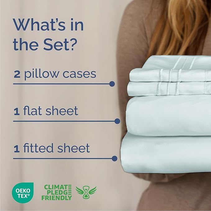 Queen Size 4 Piece Sheet Set - Comfy Breathable & Cooling Sheets - Hotel Luxury Bed Sheets for Women & Men - Deep Pockets, Easy-Fit, Extra Soft & Wrinkle Free Sheets - Ice Blue Oeko-Tex Bed Sheet Set