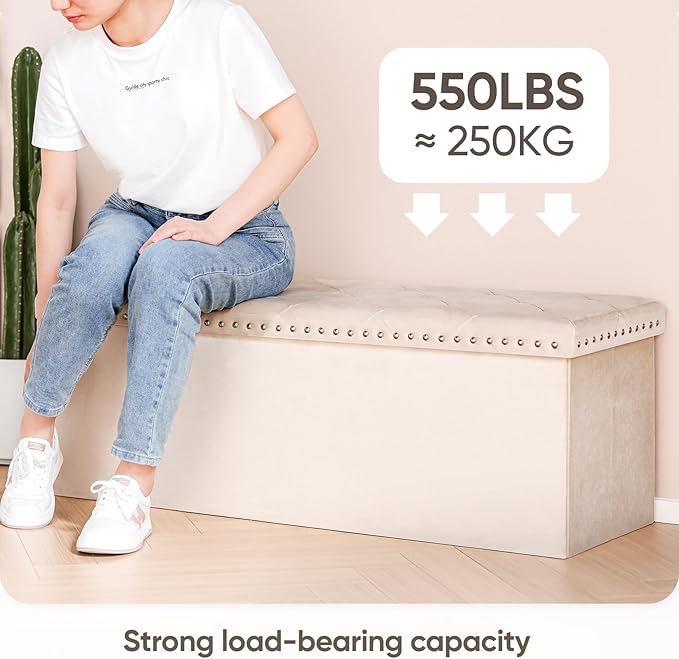 PINPLUS Folding Storage Ottoman Bench, Folding Velvet Tuffed Foot Rest Stool with Rivet, End of Bed Bench Large Long Shoes Chest for Bedroom Entryway Living Room, Beige, 41.3 Inches