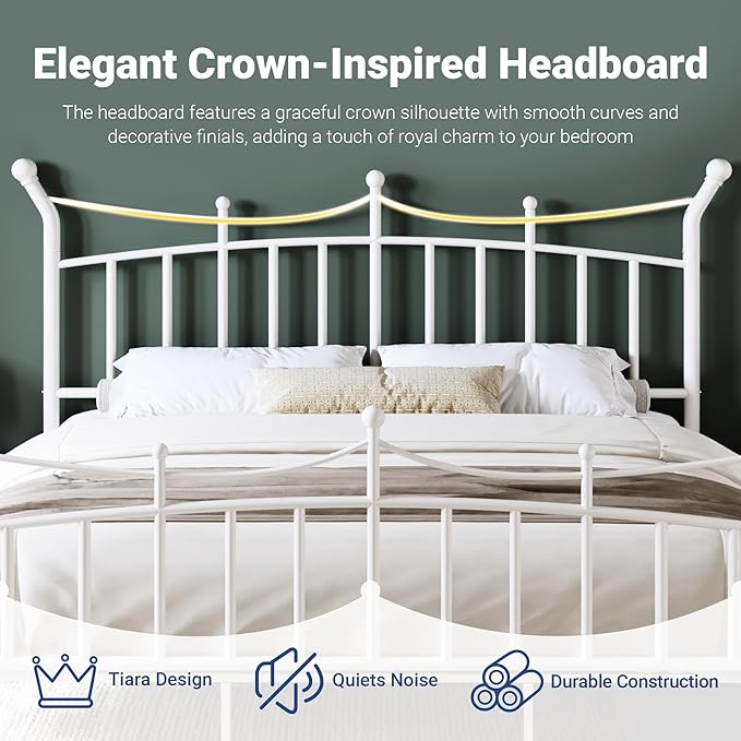Allewie 14 Inches King Size Metal Platform Bed Frame with Elegant Crown Iron-Art Headboard & Footboard, Sturdy Mattress Foundation with Under-Bed Storage, Easy Assembly, No Box Spring Needed, White