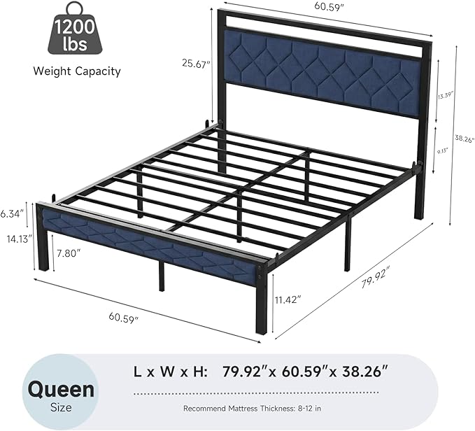 Z-hom Easy Assembly Upholstered Platform Bed Frame with Soft Padded Headboard, Modern Linen Fabric Mattress Foundation, No Box Spring Needed, Noise-Free & Sturdy Metal Support, Queen Size (Blue)