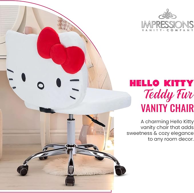 Impressions Vanity Hello Kitty Teddy Swivel Vanity Chair for Makeup Desk, Armless Rolling Chair with Wheels, Adjustable Height, 360 Degree Swing, Comfy Foam Padded Seat and Backrest (Teddy White)