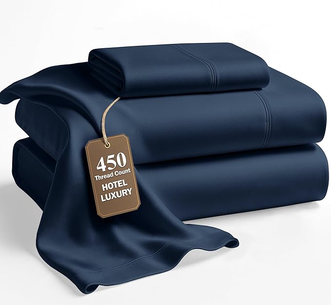 LANE LINEN Twin Sheet Set - 450 Thread Count Premium Sateen Weave for Silky Feel On Skin - Cooling Sheets for Deep Sleep - Securely Fits Mattresses Upto 15'' Deep - Oeko Tex Certified - Estate Blue
