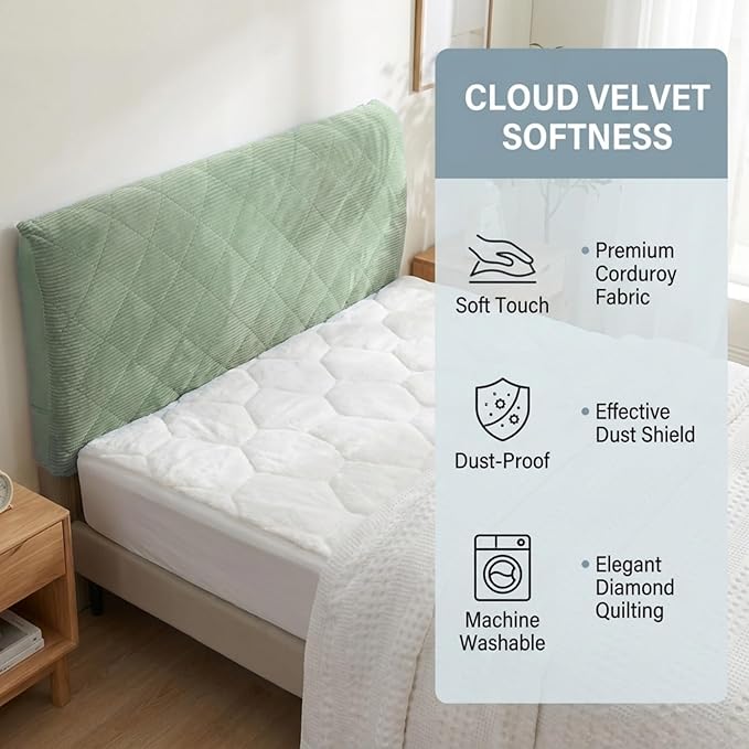 Corduroy Headboard Cover—Stretch-Quilted, Padded Dust-Proof Protective Cover (Fits Queen/King Beds), Machine-Washable Decorative Headboard Cover (Green, 71x27.5 inches)