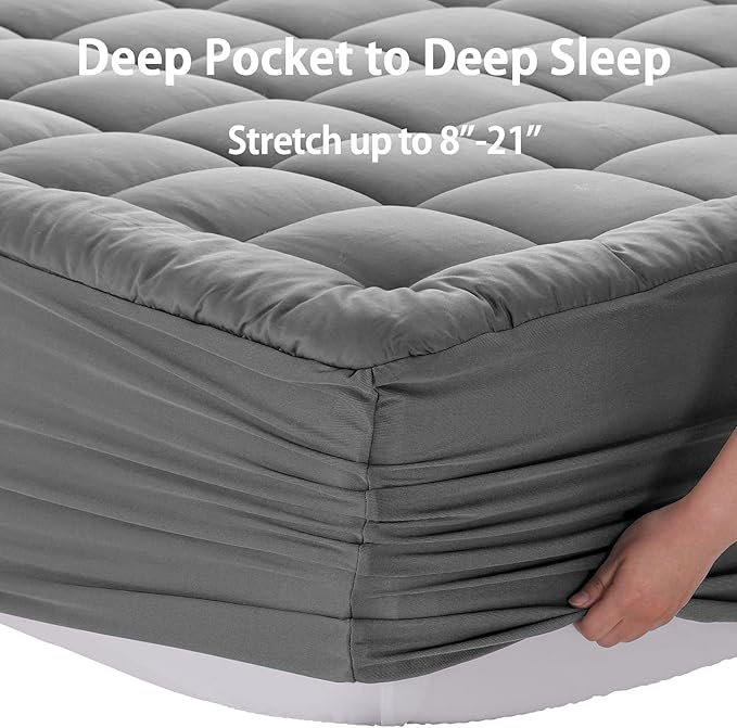 EASELAND Full Size Mattress Pad Pillow Top Mattress Cover Quilted Fitted Mattress Protector 8-21" Deep Pocket Cooling Mattress Topper (54x75 Inches, Light Grey)
