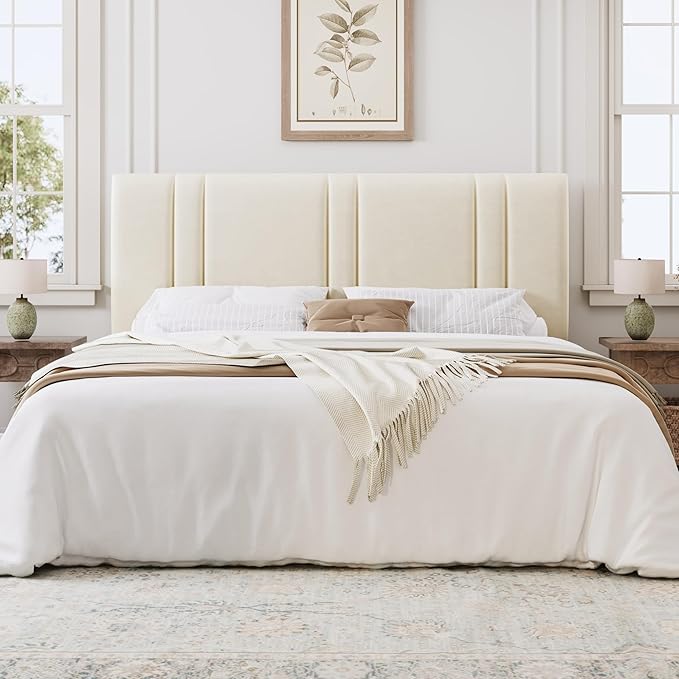 SHA CERLIN King Size Platform Bed Frame, Velvet Upholstered Bed with Adjustable Headboard, Vertical Channel Tufted Design, Sturdy Wood Slat Support, No Box Spring Needed, Easy Assembly, Cream White
