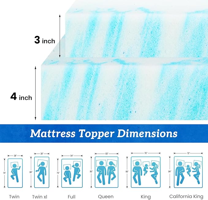Sweetcrispy Mattress Topper Queen, Memory Foam 4 Inch Thick Gel Infused Cooling Toppers Pad for Queen Size Bed, Sleeper Sofa, RV, Camper, CertiPUR US, Breathable