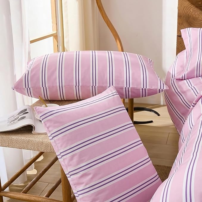 Merryword Queen Size Pillowcases, 100% Cotton Pillow Cases, Purple Striped Pillowcases, Soft Breathable Ribbon Stripe Pillow Covers, Set of 2