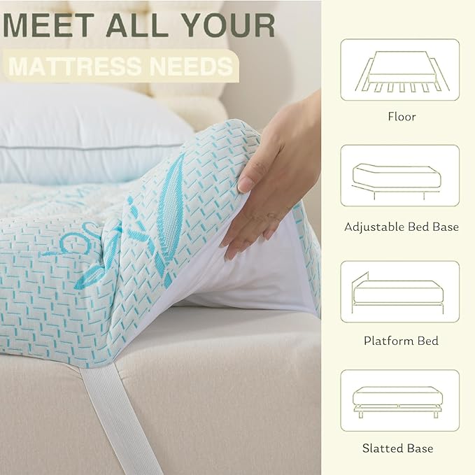 SHOUREN Memory Foam Mattress Topper Twin 4-5 Inch, 2100 GSM Pillow Top, Blue Bamboo-Viscose Cover, Plush Gel Memory Foam & 3D Fiber Fill, Elastic Straps, Machine Washable, 75x39