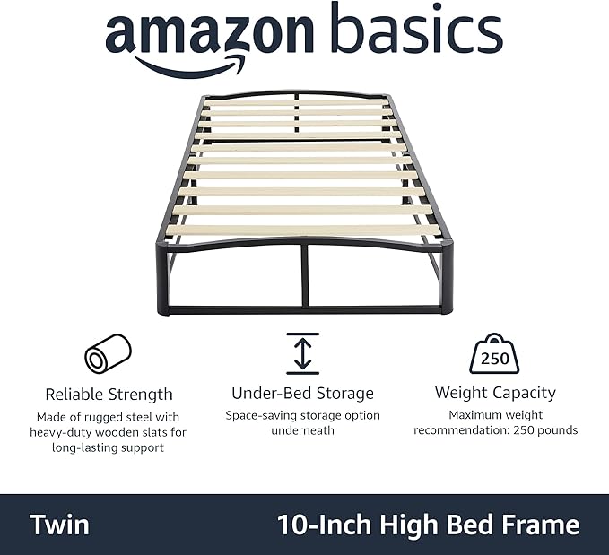 Amazon Basics Durable Metal Platform Bed Frame with Wood Slat Support, 10 inches High, Twin, Black