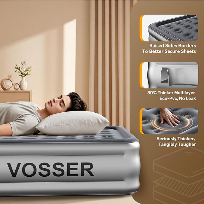 VOSSER Air Mattress Queen with Built in Pump,Blow Up Mattress in 3 Mins,18'' Raised Self Inflatable Mattress,Portable Airbed for Home,Floor&Travel,Queen Size Air Matress for Adults,660LB Max,Silver