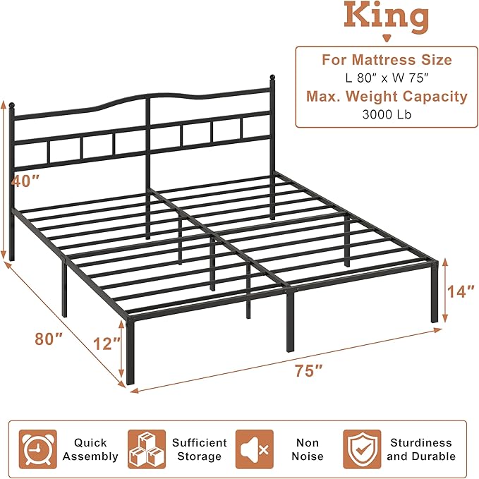 OSASET 14 inch King Bed Frame -Platform Bed Frame with Headbroad Metal Bed Frame No Box Spring Noise Free Easy Assembly
