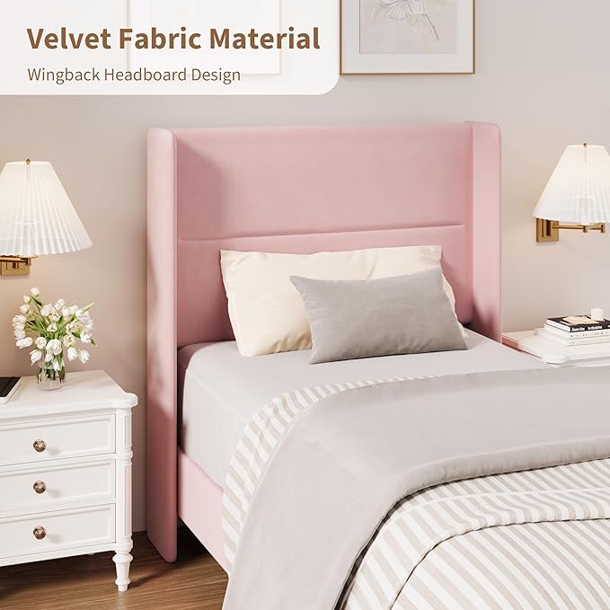 Garvee Twin Size Bed Frame with Wingback Headboard, Velvet Upholstered Platform Bedframe with Wood Slats, No Box Spring Needed, Easy Assembly, Pink