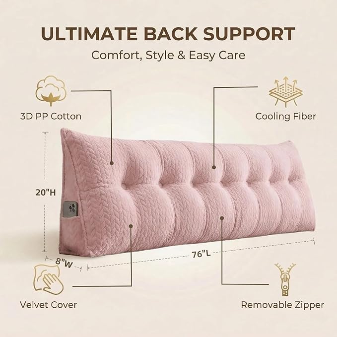 Headboard Pillow King Size, Reading Pillow for Bed, Leaf Pattern Wedge Pillow, Tufted Backrest Support, Headboard Substitute, Pink