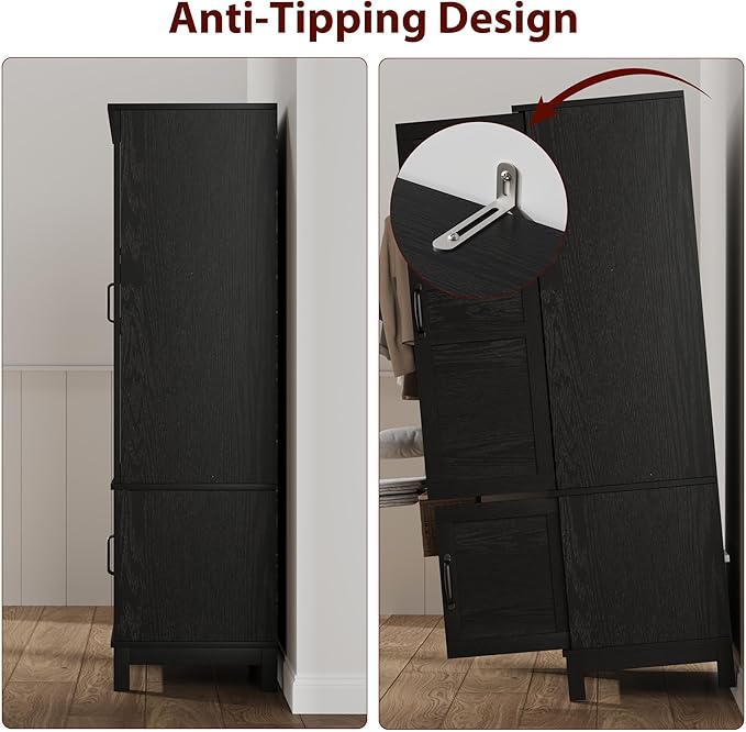 GarveeHome Armoire Wardrobe Closet with 4 Doors, 72 in Wooden Wardrobe Cabinet with Hanging Rod, Freestanding Tall Clothing Armoire Storage Cabinet with Adjustable Shelves for Bedroom, Black