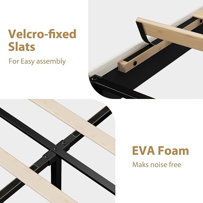 Garvee Queen Bed Frame, Velvet Upholstered Platform Bed Frames with Adjustable Headboard, No Box Spring Needed, Anti-Noise EVA Sponge, Sturdy Metal Support, Easy Assembly, White & Black Trim