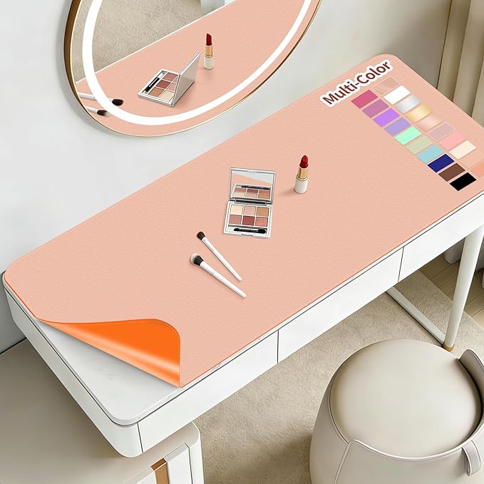 Makeup Mat for Vanity to Protect Desk Top 31.5 x 15.7 in, Dual-Sided Makeup Mat, Easy to Clean Desk Pad - Waterproof and Oilproof Vanity Accessories (Apricot and Orange)