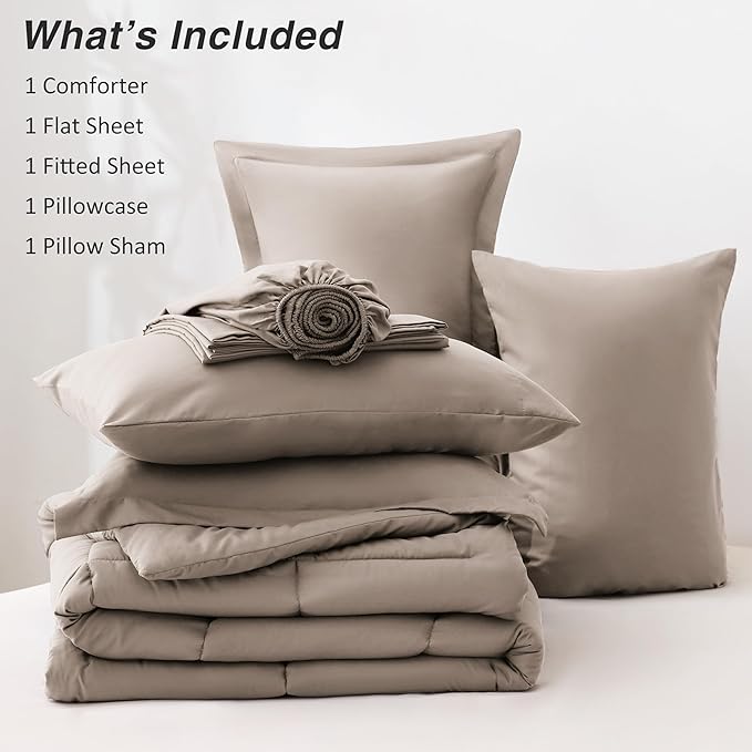 Love's cabin Twin XL Comforter Set Light Brown, 5 Pieces Twin XL Bed in a Bag, All Season Bedding Sets with 1 Comforter, 1 Flat Sheet, 1 Fitted Sheet, 1 Pillowcase and 1 Pillow Sham | Soft, Breathable, Lightweight, Comfortable