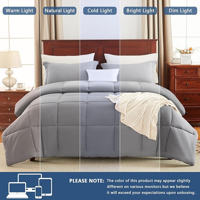 CozyLux King Size Comforter Set - 270GSM Grey Bedding Sets for All Seasons Size, 3 Pieces Box Stitched Bed Set with 1 Down Alternative Comforter and 2 Pillow Shams, Soft, Lightweight, Durable