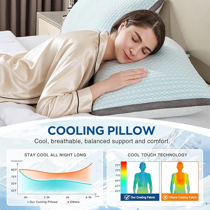 Cooling Pillows King Size Set of 2, Shredded Memory Foam Pillows 2 Pack, Bed Pillow for Hot Sleepers Adjustable Firm Pillow for Side, Back and Stomach Sleepers, Machine Washable