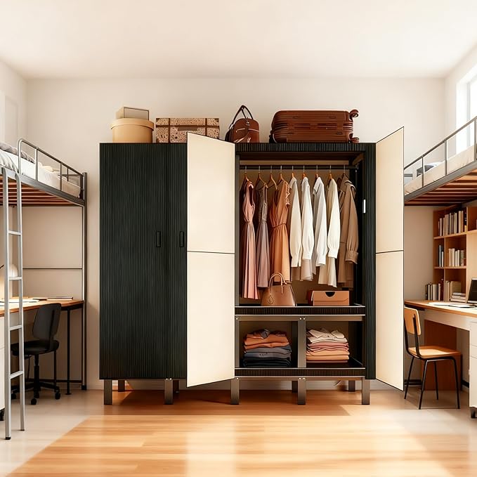 Freestanding Heavy Duty Wardrobe Closet with Magnetic Door, Portable Metal Closets, Foldable Wardrobecloset Organizers and Storage, for Bedrooms, Apartments, and Tenant (Black, 59in)