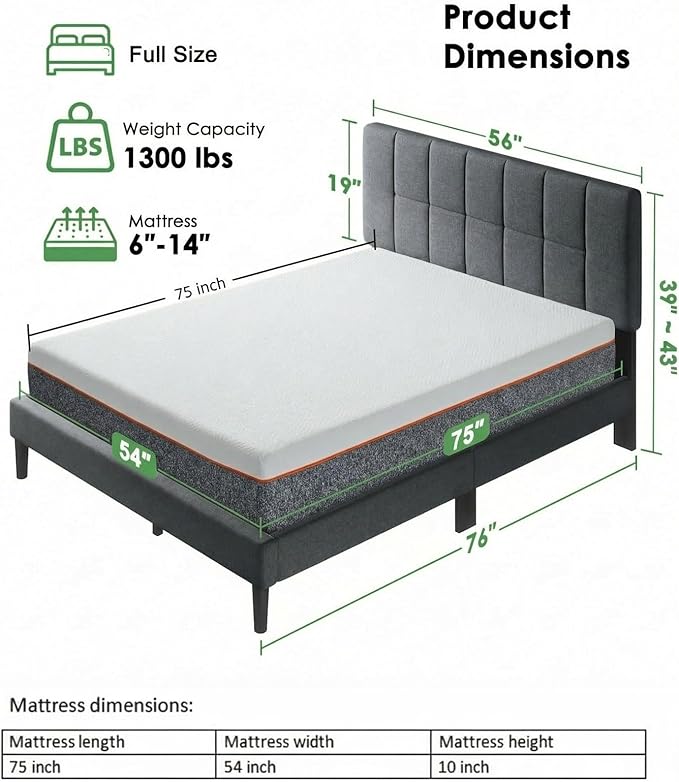 Marsail Full Size Bed Frame and Mattress Set with Adjustable Upholstered Headboard and 10-inch Gel Memory Foam, Sturdy and Durable with 12 Support Legs, Breathable Cooling, Easy Assembly, Dark Gray