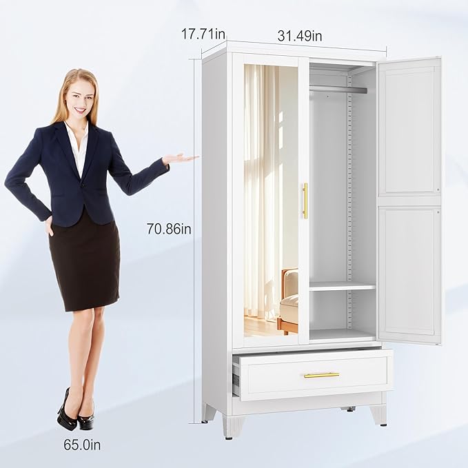erosoei 71" H Metal Armoire Wardrobe Closet with Mirror,Household Steel Wardrobe Cabinet with Drawers,Clothing Storage Wardrobe Cabinet with Adjustable Shelves and Hanging Rod for Bedroom（White）