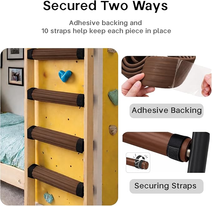 Bunk Bed Ladder Pads 6.5 Ft with 10 Adjustable Straps, Soft Foam Ladder Cover for Loft Bed, Cushioned Step Pads for Comfortable Climbing, Secure Fit, Brown