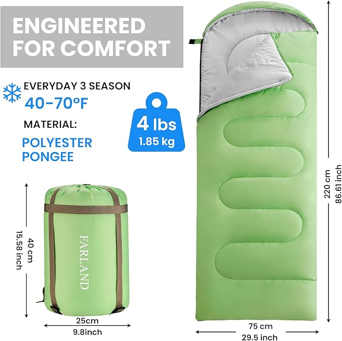 FARLAND Sleeping Bags for Adults, 3 Season Warm & Cool Weather, Lightweight Camping Sleeping Bag for Kids Family Camping Essentials with Compression Sack for Hiking