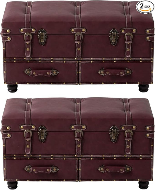 COZAYH Set of 2 Vintage Mid-Century Storage Ottoman Bench - Upholstered Padded Chest for Entryway, Bedroom, Living Room - Dark Magenta