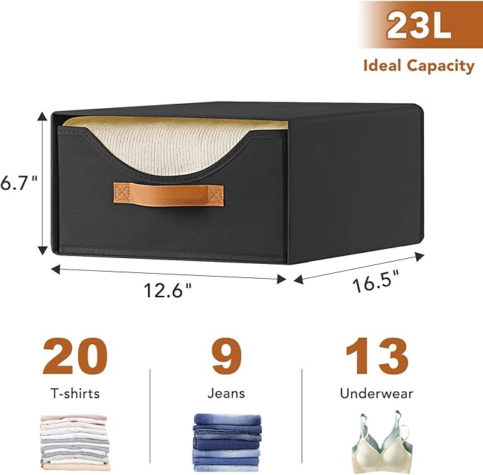4 Pcs 16.5" Closet Drawers and Large Size Clothes Storage Bins Push-Out Storage Stackable Shelf Drawers with See-Through Window Closet Organizers for Bedroom, Living Room, Under Bed, Black