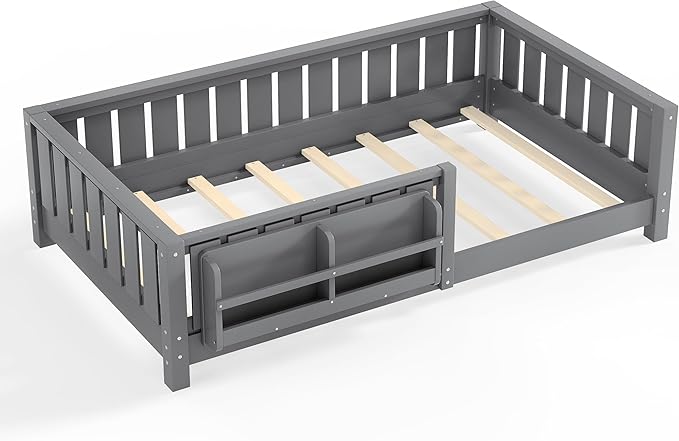 Bellemave Twin Size Kids Montessori Bed with Bookshelf,Solid Wood Twin Floor Bed Frame with Fence and Slats for Girls Boys,Low-Profile,Gray