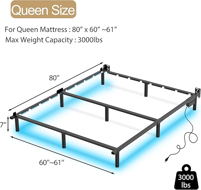Queen Bed Frame LED Lights Platform Bed Frame Queen Size for Box Spring Mattress Foundation,7 Inch 9 Legs Strong Support Basics Bed Base with Charging Station,Heavy Duty,Noisy Free (7 Inch, Queen)