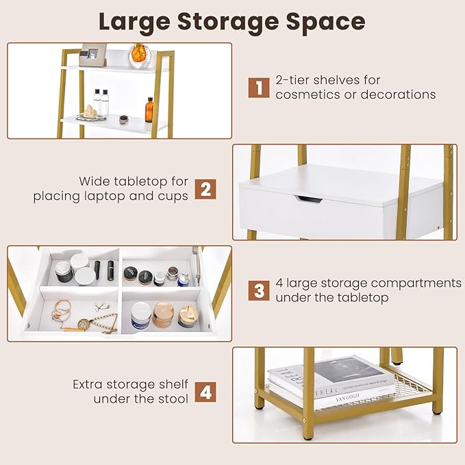 COSTWAY Vanity Desk Set with Flip-up Mirror, Ladder Vanity Table and Cushioned Stool Set w/ 4 Storage Compartments, Small Makeup Vanity Dressing Table for Small Spaces, Bedroom (White + Gold)