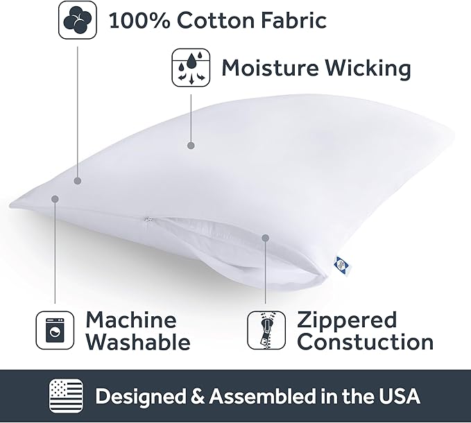 Sealy Performance 100% Cotton Breathable Moisture Wicking Fabric Machine Washable Zippered Pillow Protector, Standard/Queen Size, 2 Pack, White