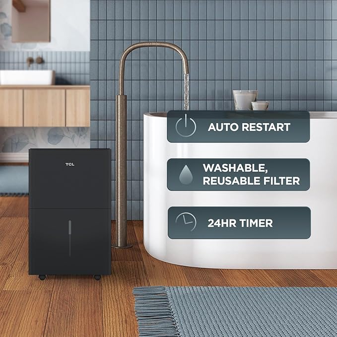 TCL 50-Pint Capacity Quiet, Energy Efficient Portable Smart Dehumidifier with Pump, Bucket or Continuous Drain, Smart Home Compatible, Humidity Control for Home, Apartment, Rooms up to 4500 Sq Ft